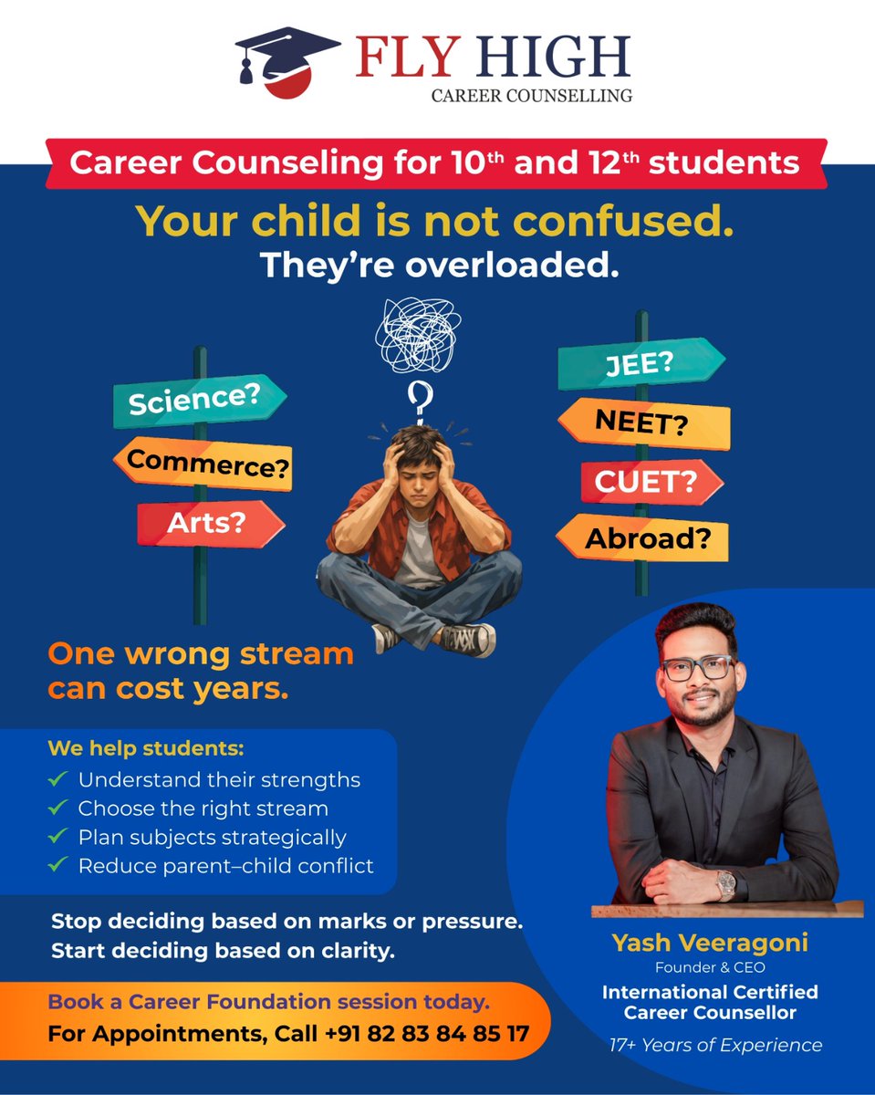 FlyHighVisas's tweet photo. Is your child studying in Class 10 or Class 12?
Worried about your child’s future?
Give them clarity, confidence, and direction.
Career counselling sessions with Mr. Yash Veeragoni, Internationally Certified Career Counsellor.
@yashveeragoni  
For Appointments,Call 8283 8485 17 https://t.co/yOWrIGUFmw