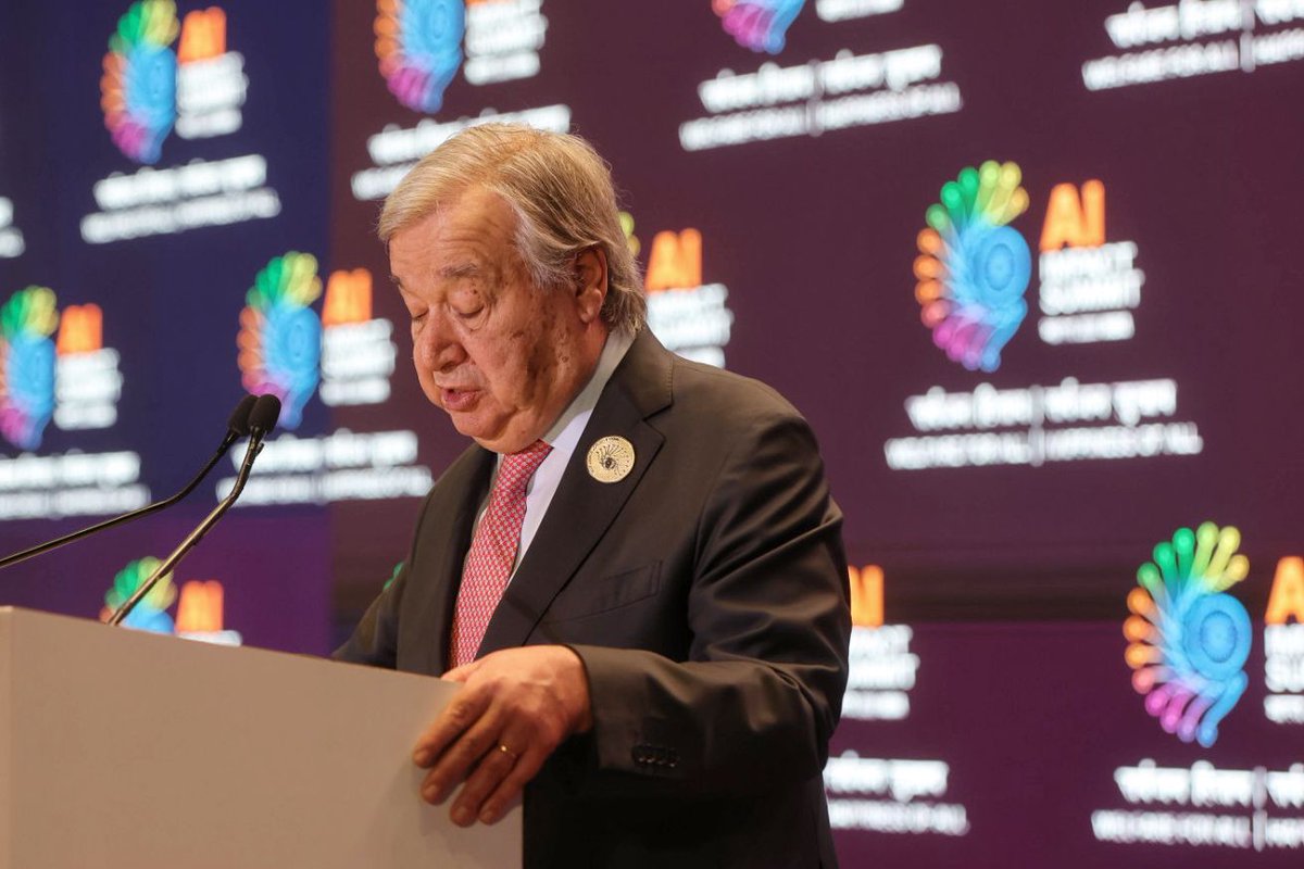 UNinIndia's tweet image. "The message of this Summit is simple: 

Real impact means technology that improves lives &amp;amp; protects the planet. So let’s build AI for everyone – with dignity as the default setting."

@UN Secretary-General @antonioguterres in his opening remarks to #AIImpactSummit. 

#AIforGood