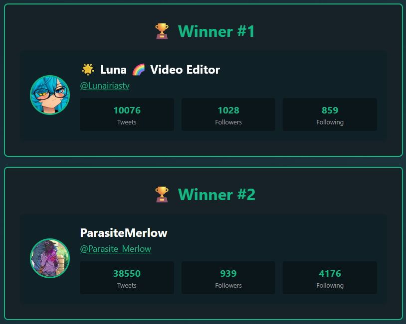 🎉 Giveaway Winners 🎉

🏆 <a href="/Lunairiastv/">🌟 Luna 🌈 Video Editor</a>
🏆 <a href="/Parasite_Merlow/">ParasiteMerlow</a>

I will be reaching out to the winners momentarily! Thank you everyone who joined the giveaway, I hope to do another one in the close future!!

As always, if you still wish to work with me, my VGen and DMs are open 💙