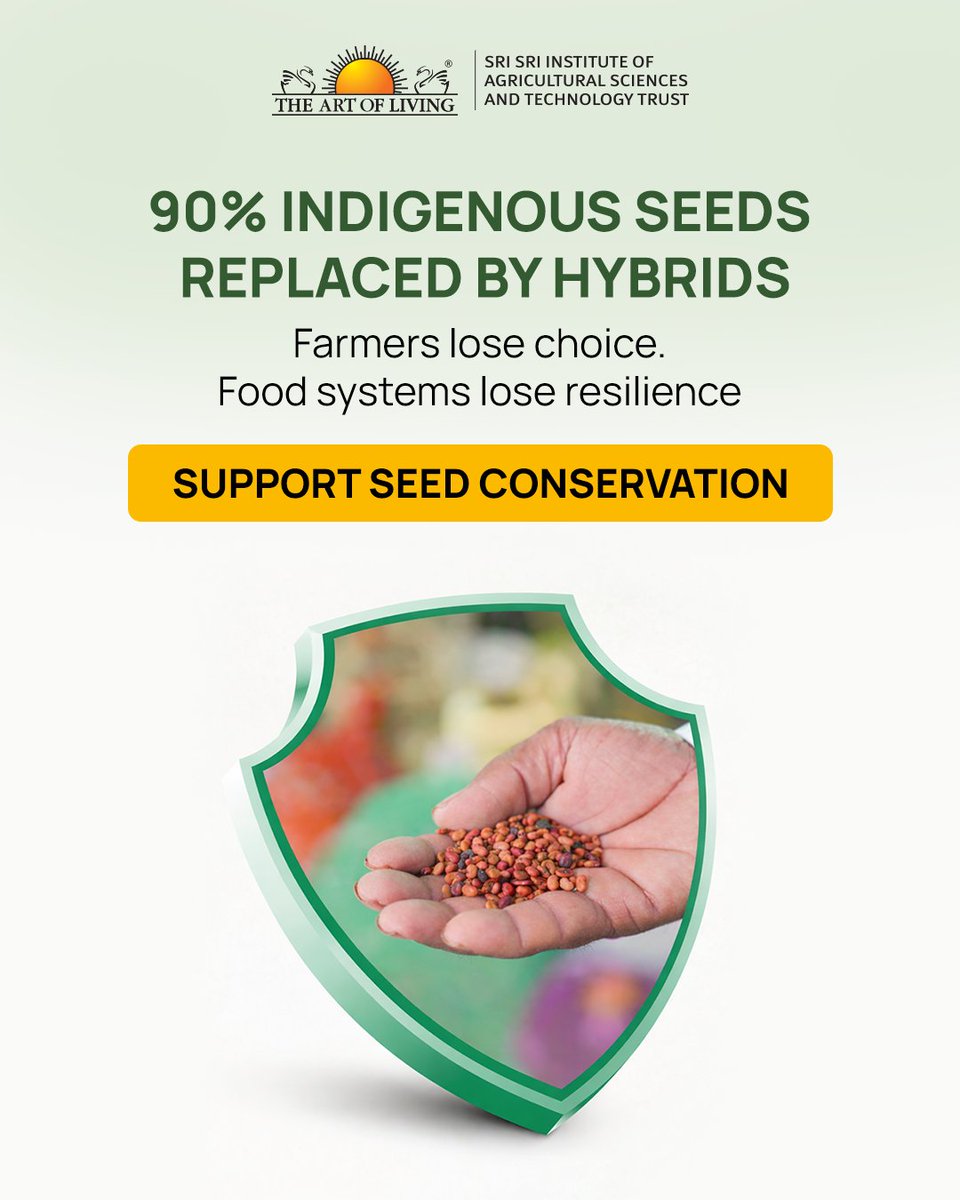 For generations, farmers saved their seeds. 

Today, hybrids dominate—raising costs and dependence. 

Native seeds adapt to local soil, can be saved and shared, and build resilience. Protecting seeds protects farmer freedom and food security.

👉 ssiast.artofliving.org