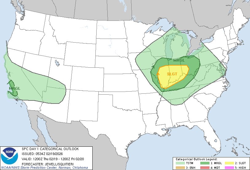 NWSSPC's tweet photo. 11:36pm CST #SPC Day1 Outlook Slight Risk: eastern Missouri across much of Illinois, Indiana, Kentucky, Ohio https://t.co/TgJgC6cj9Y https://t.co/5NTq9cMT7p