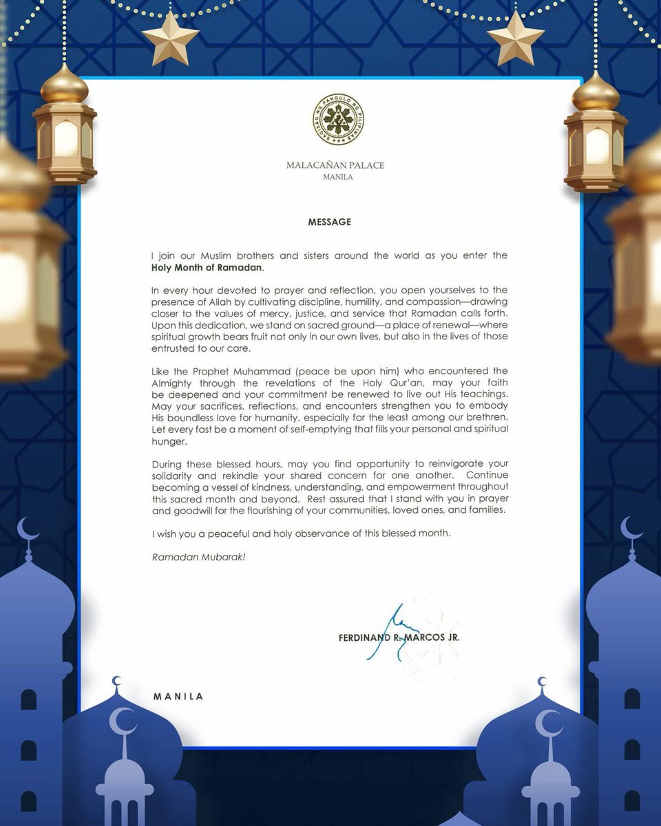 PHinKuwait's tweet image. READ: President Ferdinand R. Marcos Jr. joins the Filipino Muslim community in welcoming the Holy Month of Ramadan. 

The President reflects on this sacred time of prayer, calling on everyone to draw closer to the values of mercy, justice, and service. 

#PHinKuwait