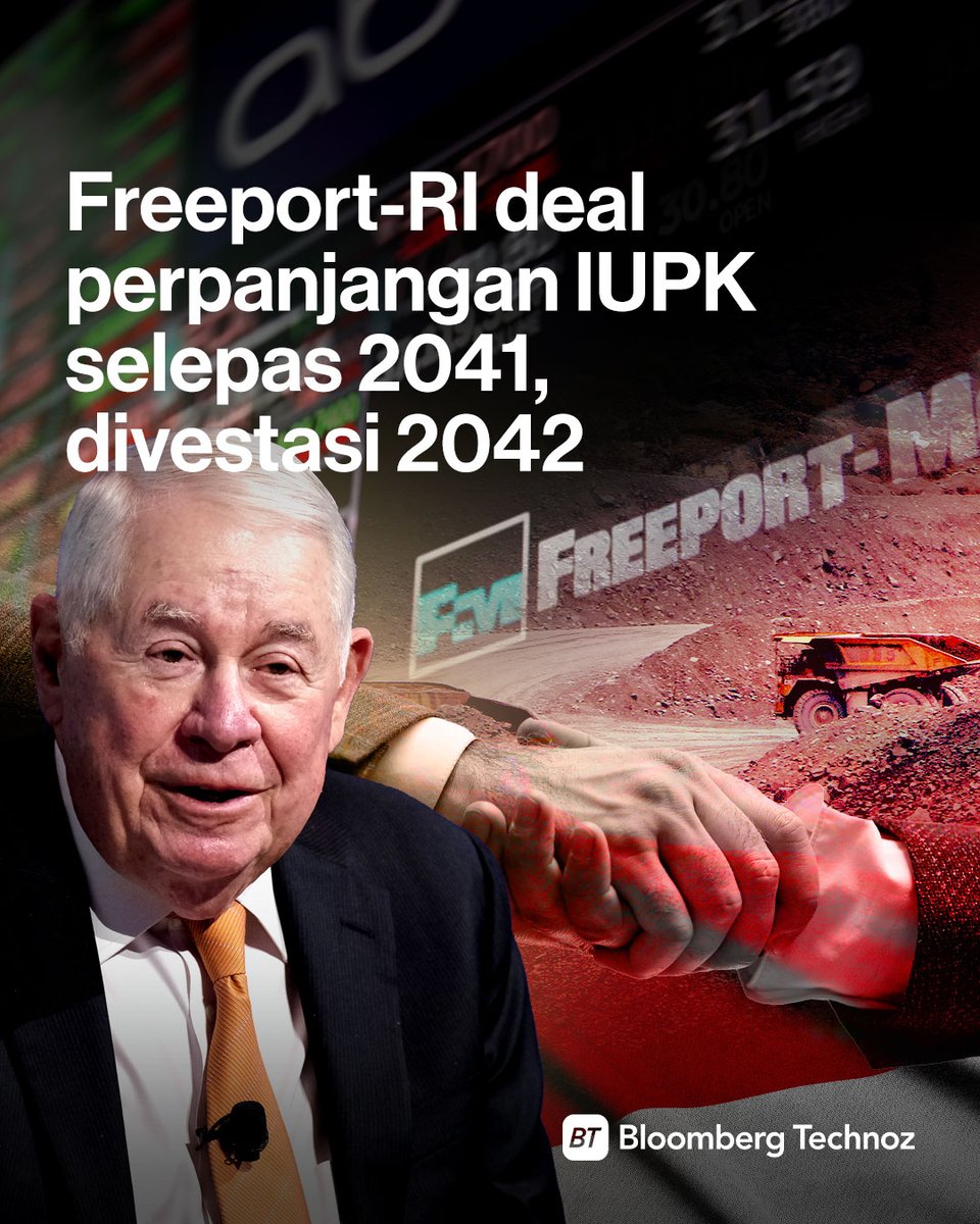 Indonesia akhirnya menyepakati perpanjangan izin pertambangan (IUPK) Freeport di Grasberg di Papua hingga akhir usia produktif tambang. 

Sebagai imbalannya, Freeport akan mendivestasikan 12% kepemilikannya di PT Freeport Indonesia.

Simak selengkapnya: bloombergtechnoz.com/detail-news/10…