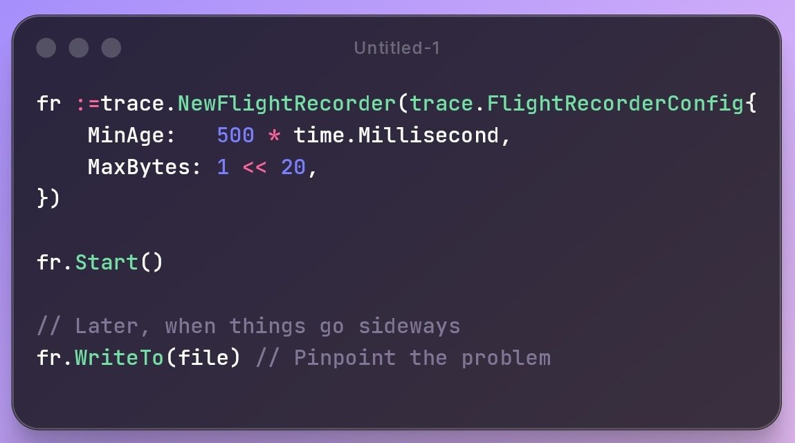 yahiyadev's tweet photo. Go 1.25 ships with a Flight Recorder for runtime traces!

Instead of logging everything forever, it keeps a rolling in-memory buffer. When something goes wrong, capture a snapshot of exactly that moment.

https://t.co/ctcYFPHak3 https://t.co/e17edxGMdM
