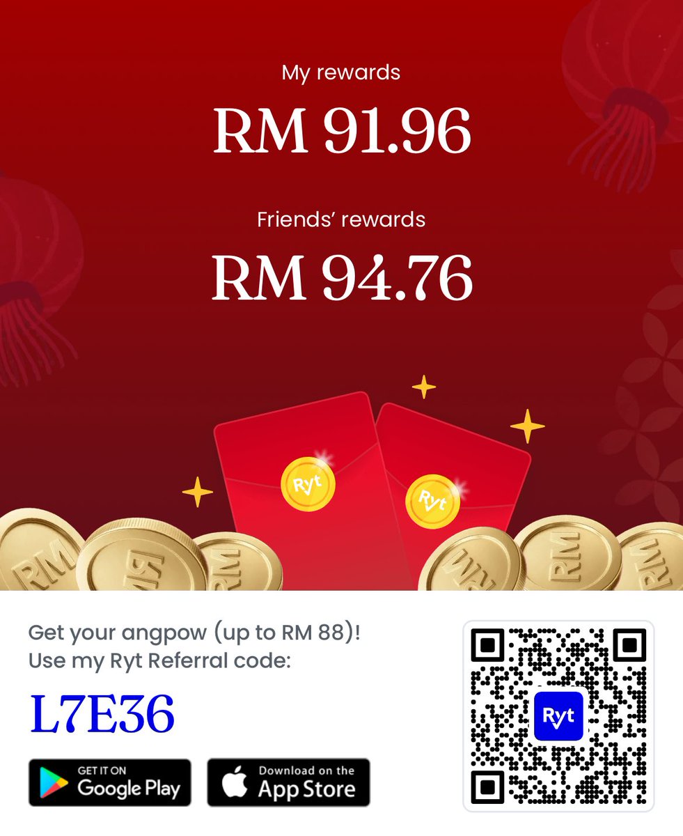 MuizzOfficial's tweet photo. 🧧 Gong Xi Gong Xi! I've got an angpow for you! 🤩

Sign up now and get up to RM 88 when you join Ryt Bank with my link:

✔️ Download:
https://t.co/Ubp5RuUs1G

✔️ Use Code:
L7E36

🐴 May the Year of the Horse bring you the Ryt fortune! 🧧

T&amp;Cs apply. https://t.co/8tJpL90VZ8