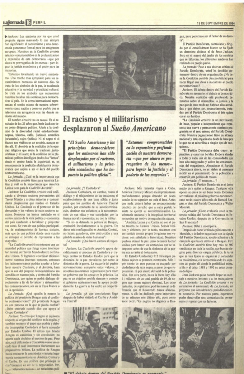 El reverendo Jesse Jackson, luchador incansable por los derechos civiles en Estados Unidos, falleció el pasado 17 de febrero.
El primer número de <a href="/lajornadaonline/">La Jornada</a> se publicó con un Perfil dedicado a él.
En varias ocasiones escribió en el diario 

jornada.com.mx/2011/06/17/opi…