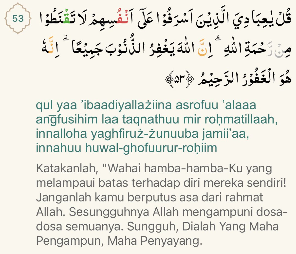 heywannaknoww's tweet photo. ayat di Surat Az Zumar, bikin aku mikir saat kita menilai diri kita gak pantas mendapatkan ampunan sebenarnya kita sedang mengkerdilkan kemampuan Allah untuk Mengampuni &amp; Mengasihi. padahal Dia ada di titik terendah &amp; pojok tergelap hidupmu. jangan takut &amp; malu untuk berubah https://t.co/RmNecgQpIB