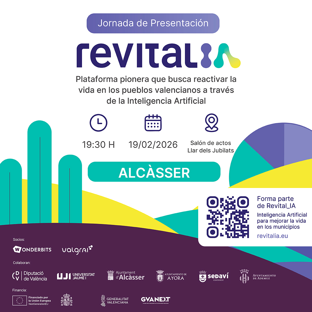 AjuntAlcasser's tweet photo. ¡Hoy presentamos Revital-IA junto a @fvalgrai y
@WonderBitsNet en Alcàsser!
🕑 19:30h
📆 Jueves 19 de febrero
📌 Llar dels Jubilats de Alcàsser
🤝 @AjuntAlcasser
Reserva plaza:
https://t.co/81qVIlF9nM
¡Nos vemos esta tarde en Alcàsser!
#WonderBits #ValgrAI #IA #AI #RevitalIA https://t.co/SYb8T4UJFR