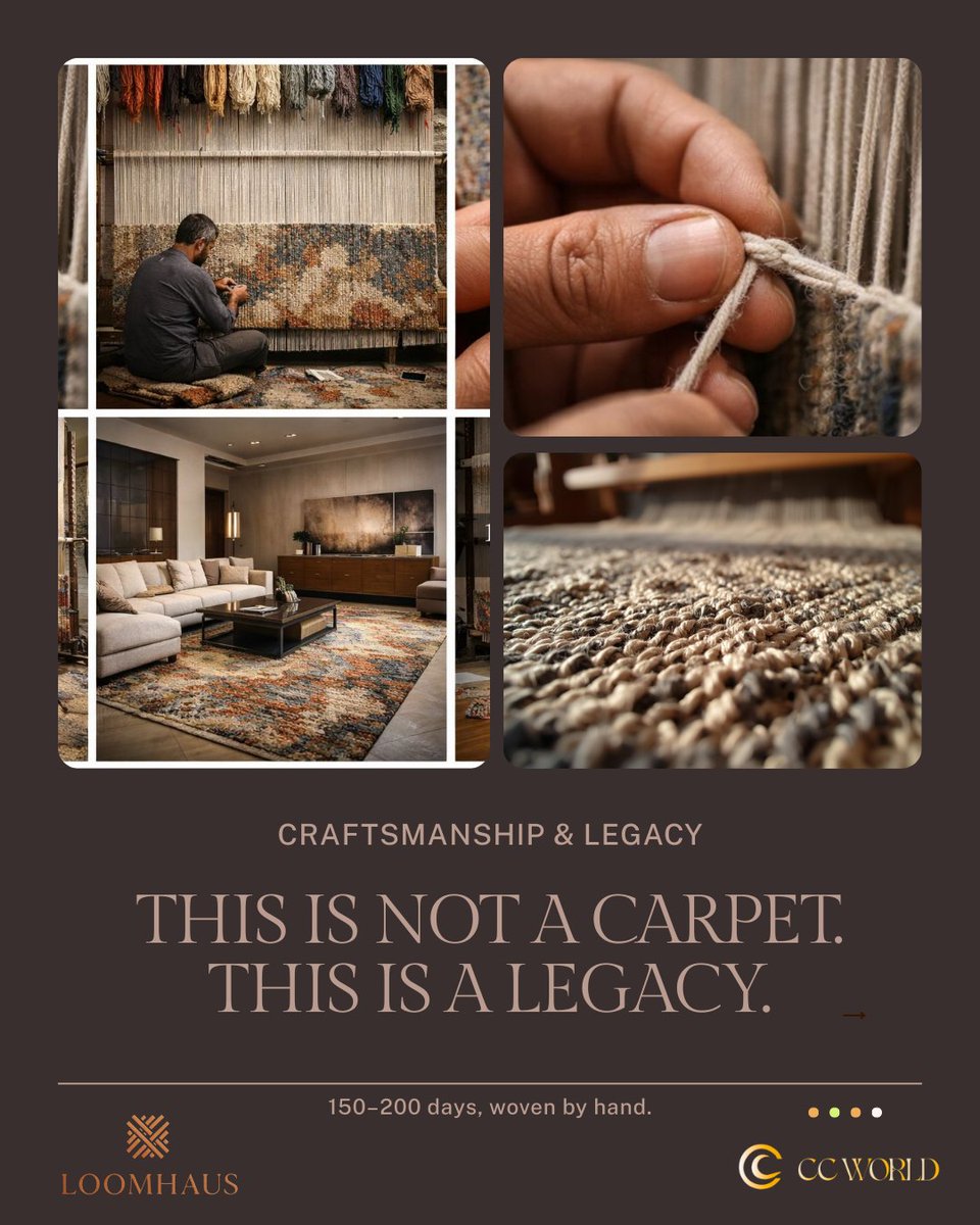 CCWorldindia's tweet photo. This is not a carpet. It is time, discipline, and mastery, woven by hand. For 150 to 200 days, skilled artisans tie knots, one by one, without machines, without shortcuts. A single error demands hours undone.
#ccworld
#ccworldindia
#handknotted
#bespokecarpets
#loomhaus https://t.co/UlCvVJIgrk