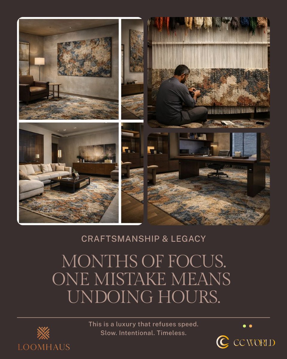 CCWorldindia's tweet photo. This is not a carpet. It is time, discipline, and mastery, woven by hand. For 150 to 200 days, skilled artisans tie knots, one by one, without machines, without shortcuts. A single error demands hours undone.
#ccworld
#ccworldindia
#handknotted
#bespokecarpets
#loomhaus https://t.co/UlCvVJIgrk