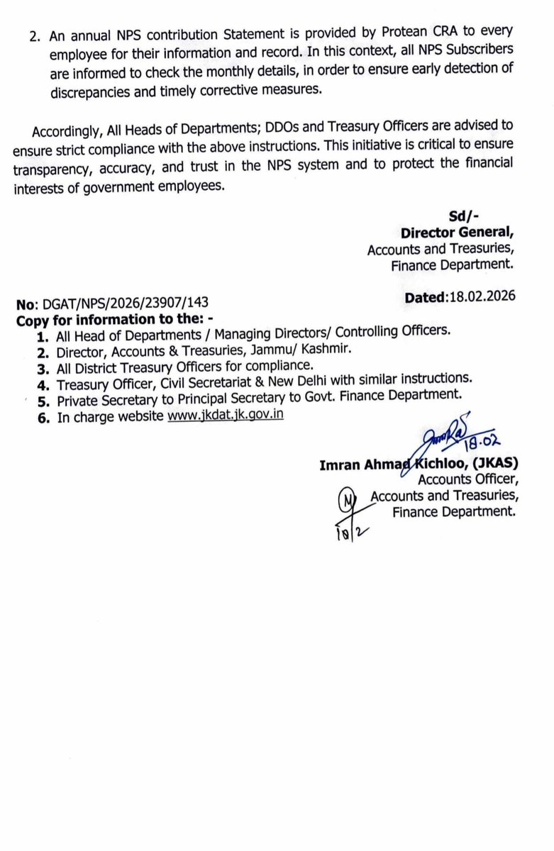 JAKFAS_'s tweet photo. In a circular issued by DGAT, all HODs, DDOs &amp; TOs have been advised to ensure timely deposit of deducted NPS contributions, reconcile deductions with credited amounts in NPS system, obtain &amp; verify annual NPS statements &amp; report discrepancies to TOs for immediate rectification. https://t.co/ivCjQ3TLkZ