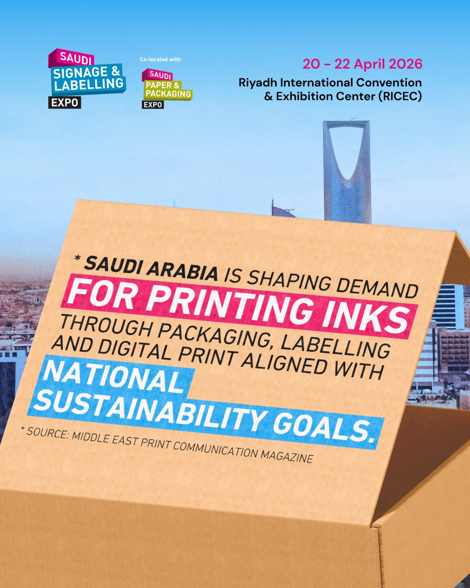 SaudiSignage's tweet photo. Saudi Arabia’s print and packaging industry is evolving, with growing demand for inks across packaging, labelling and digital print applications aligned with national sustainability goals.
These shifts are opening new opportunities for manufacturers, suppliers and solution providers to meet changing market needs.

*Source: Middle East Print Communication Magazine

Explore the latest developments at Saudi Signage & Labelling Expo.
Register now via the link in bio.

📍 Riyadh International Convention & Exhibition Center (RICEC)
📅 20 - 22 April 2026
⏱️3pm to 9pm