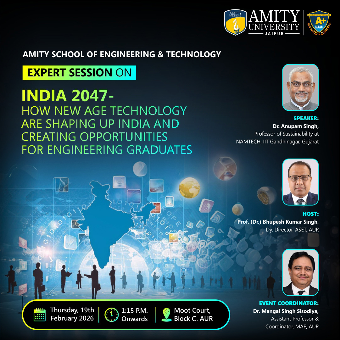 AmityUniJaipur's tweet photo. How will technology redefine our nation by 2047? We are honored to host Dr. Anupam Singh (Professor of Sustainability, NAMTECH, IIT Gandhinagar) for an exclusive expert session.
#AmityUniversityRajasthan #EngineeringFuture #India2047 #NewAgeTech #STEM https://t.co/03LDUqIOHJ