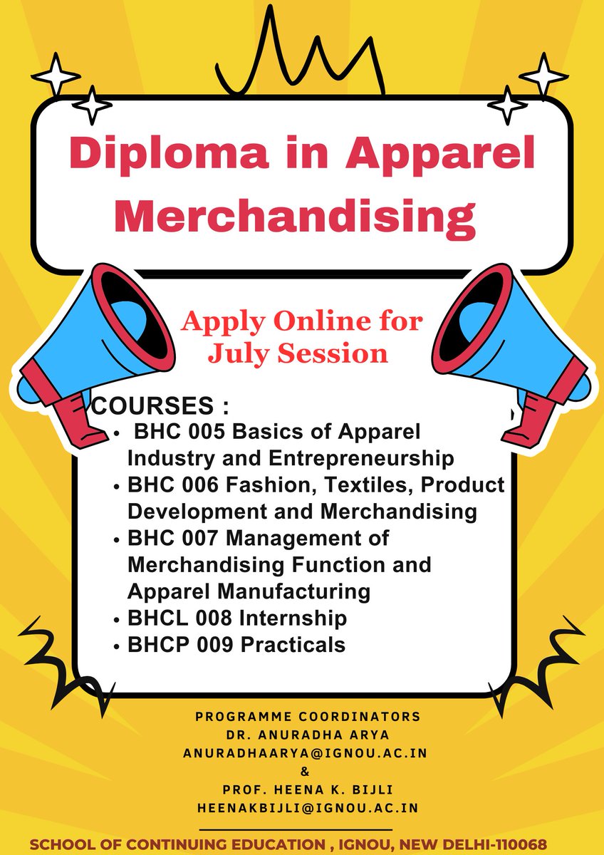 Admission to both ODL and Online Programmes offered by IGNOU extended till 28th Feb, 2026.  
 Join Diploma in Apparel Merchandising....
 Now !
ODL Admission portal: ignouadmission.samarth.edu.in