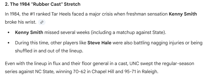 EdBremson's tweet photo. @Duke_Buzz @TheHoopHerald I asked AI about times when Dean Smith was down 2 top players and still beat us. The other one was the heartbreaking 1979 Dudley Bradley game. https://t.co/k355Dq2Lmy