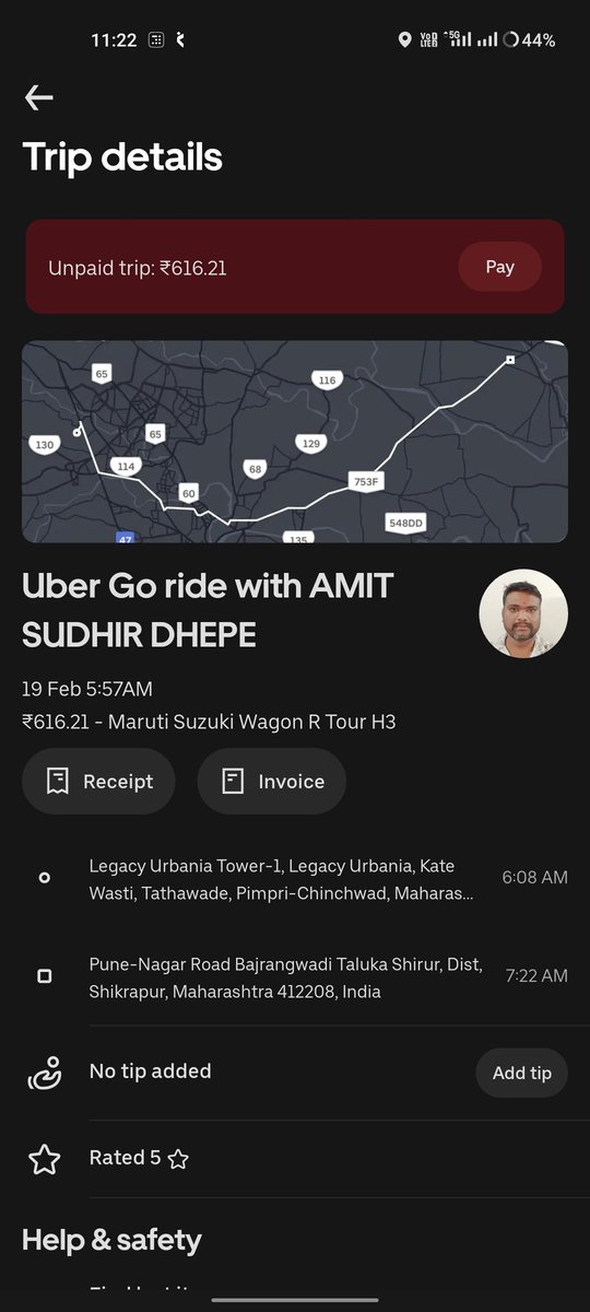 paramsaurabh's tweet photo. @Uber_India 
I tried taking ride from Pimpri Chinchwad to Shikrapur. Multiple drivers asked for extra payment, Ultimately I took one ride with extra fair. Even after payment to the driver via PhonePe, Uber app is still showing unpaid trip. Screen shot attached. kindly resolve. https://t.co/r3Cc7OV6hA