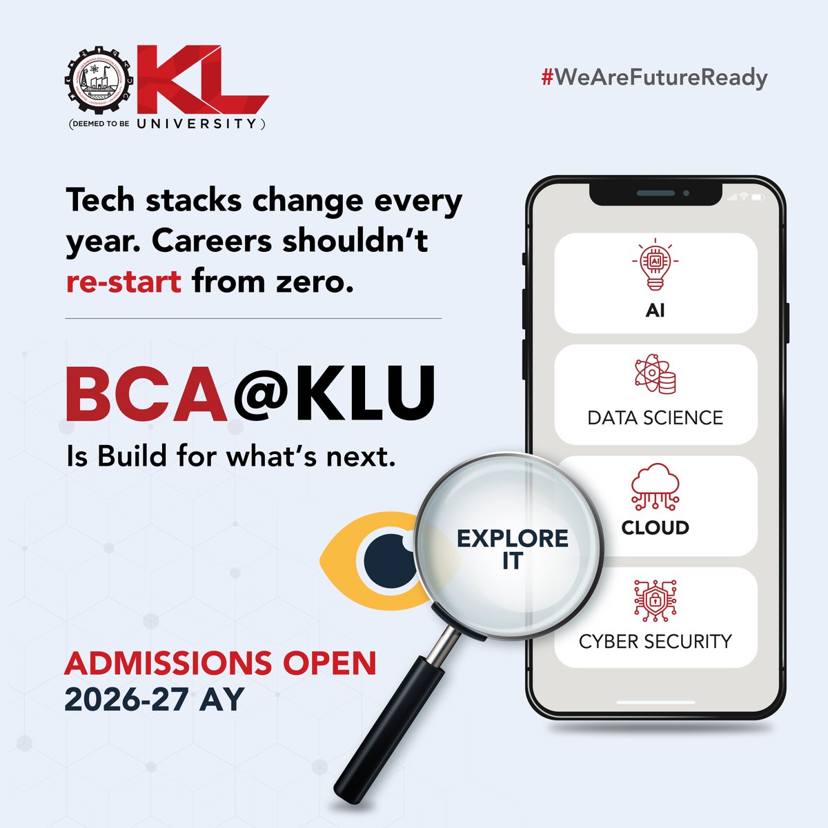 kluniversity's tweet image. Build your tech future with BCA at KLU🚀

Master Data Science, Cloud &amp;amp; Cyber Security through hands-on, industry-aligned learning — become day-one ready for the global tech world.

🎓 Admissions Open | 2026–27
🔗 kluniversity.in/admissions/

#KLU #BCA #DataScience #CloudComputing