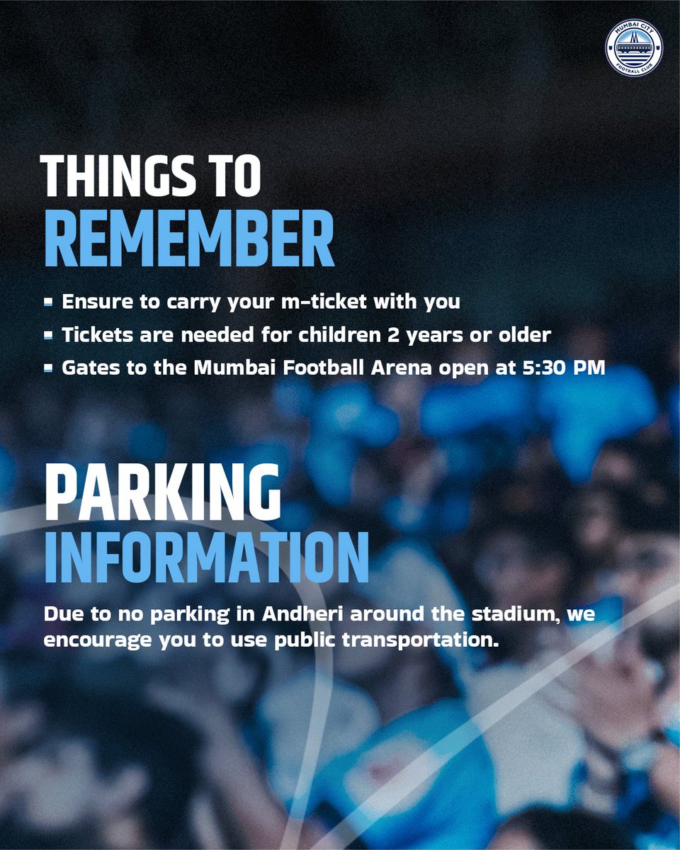 𝗠𝗮𝘁𝗰𝗵𝗱𝗮𝘆 𝗦𝘁𝗮𝗱𝗶𝘂𝗺 𝗚𝘂𝗶𝗱𝗲 📖

मंडळी, here’s everything you need to know before stepping into the Mumbai Football Arena for our first #ISL12 home game 🏟️

#MCFCCFC #MumbaiCity #AamchiCity 🔵
