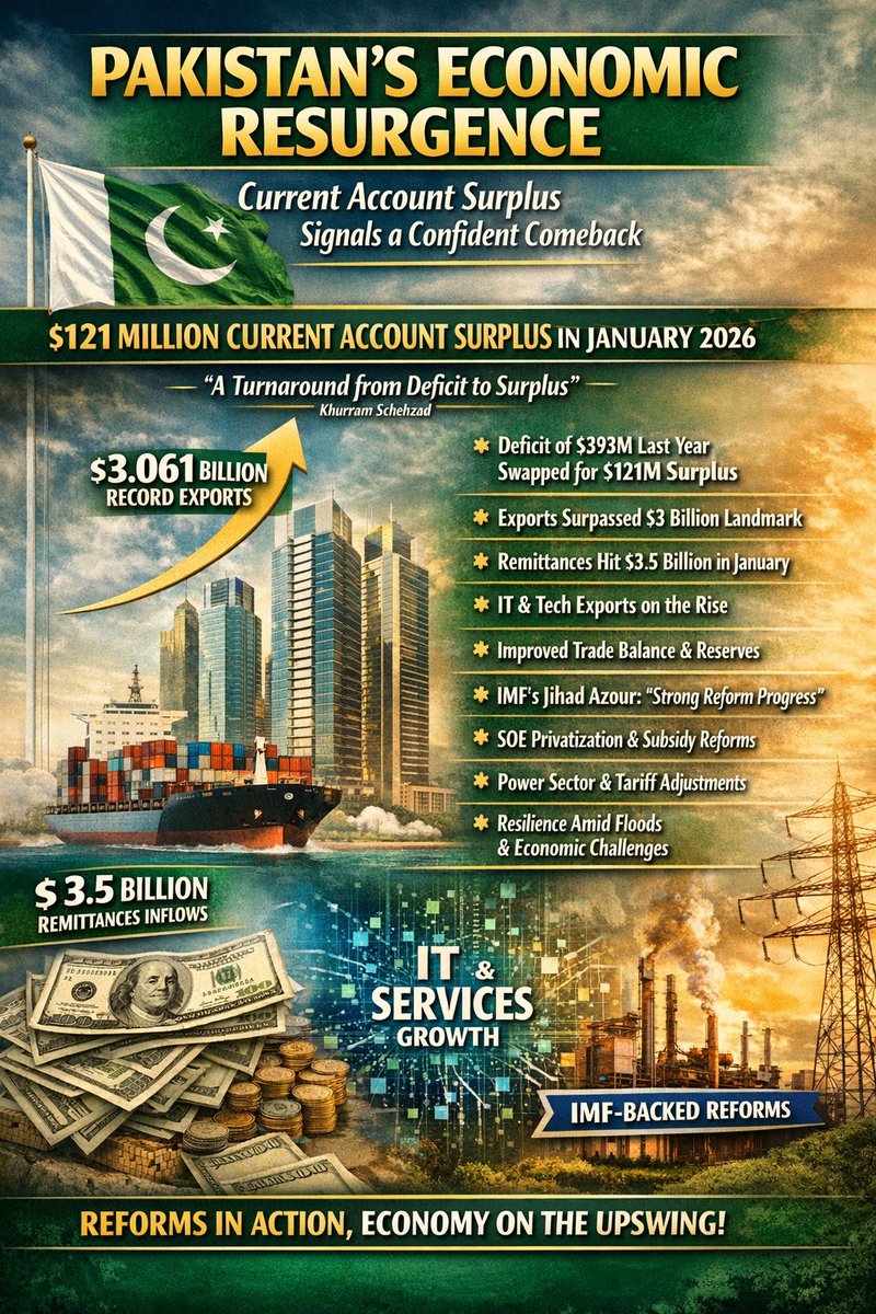 hibaQbukhari's tweet photo. پاکستان نے جنوری 2026 میں $121 ملین کرنٹ اکاؤنٹ سرپلس حاصل کیا اور گزشتہ سال کے خسارے کو سرپلس میں بدل دیا۔ $3 ارب سے زیادہ ایکسپورٹس اور $3.5 ارب کی ترسیلات زر، آئی ایم ایف اصلاحات سے معیشت مزید مضبوط ہو رہی ہے۔ 🇵🇰
#PakistanEconomy #EconomicRecovery #CurrentAccountSurplus #IMF https://t.co/Wwsj45pGcj
