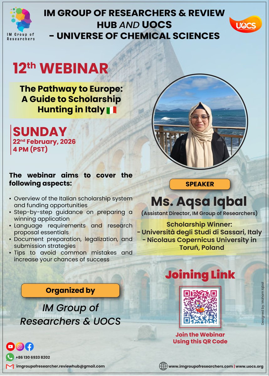 UOCSofficial's tweet photo. Dreaming of studying in Europe? 🇮🇹

12th Webinar: The Pathway to Europe
Speaker: Ms. Aqsa Iqbal (Scholarship Winner – Italy &amp; Poland)

📅 22 Feb 2026 | 4 PM (PST)

Learn scholarships, applications, proposals &amp; avoid common mistakes.

Join our community:
https://t.co/MtcnfkQnho https://t.co/KvhYMUhaeg