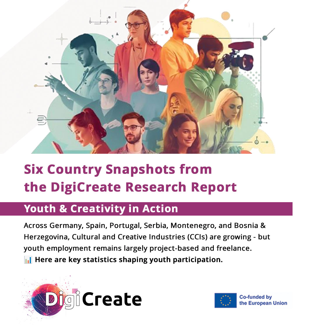 DigiCreate_'s tweet photo. Youth in Creative Industries - Six Countries, One Pattern.

Spain: cultural employment up 6.6%, now 771,000 jobs.
Serbia: CCIs at 7.1% of GDP.
Montenegro: only 19-30% employment rates in visual arts.
#DigitalCreativity #DigitalSkills #EACEA #ErasmusPlus #EUCofunded #SDG8 https://t.co/W7BbrrWhxE