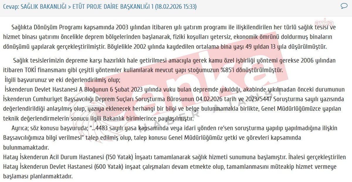 Sağlık Bakanlığı Etüt Proje Daire Başkanlığı, 6 Şubat depremlerinde 125 kişiye mezar olan İskenderun Devlet Hastanesi A Blok'un yıkımına ilişkin CİMER'den vatandaşa verdiği yanıtta; 2003'ten bu yana sağlık tesislerinin yenilendiğini, bina yaş ortalamasının 49'dan 13'e indiğini ve