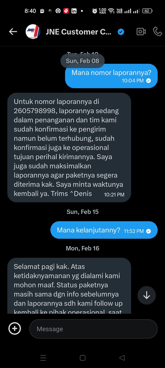 forevernor21's tweet photo. @JNECare @JNE_ID  ketika resi stuck 1 bulan, dan laporan sama aja, jawaban template terus yg diberikan, sejak 20jan 2026 smp sekarang status sama saja https://t.co/roSBDYjj17