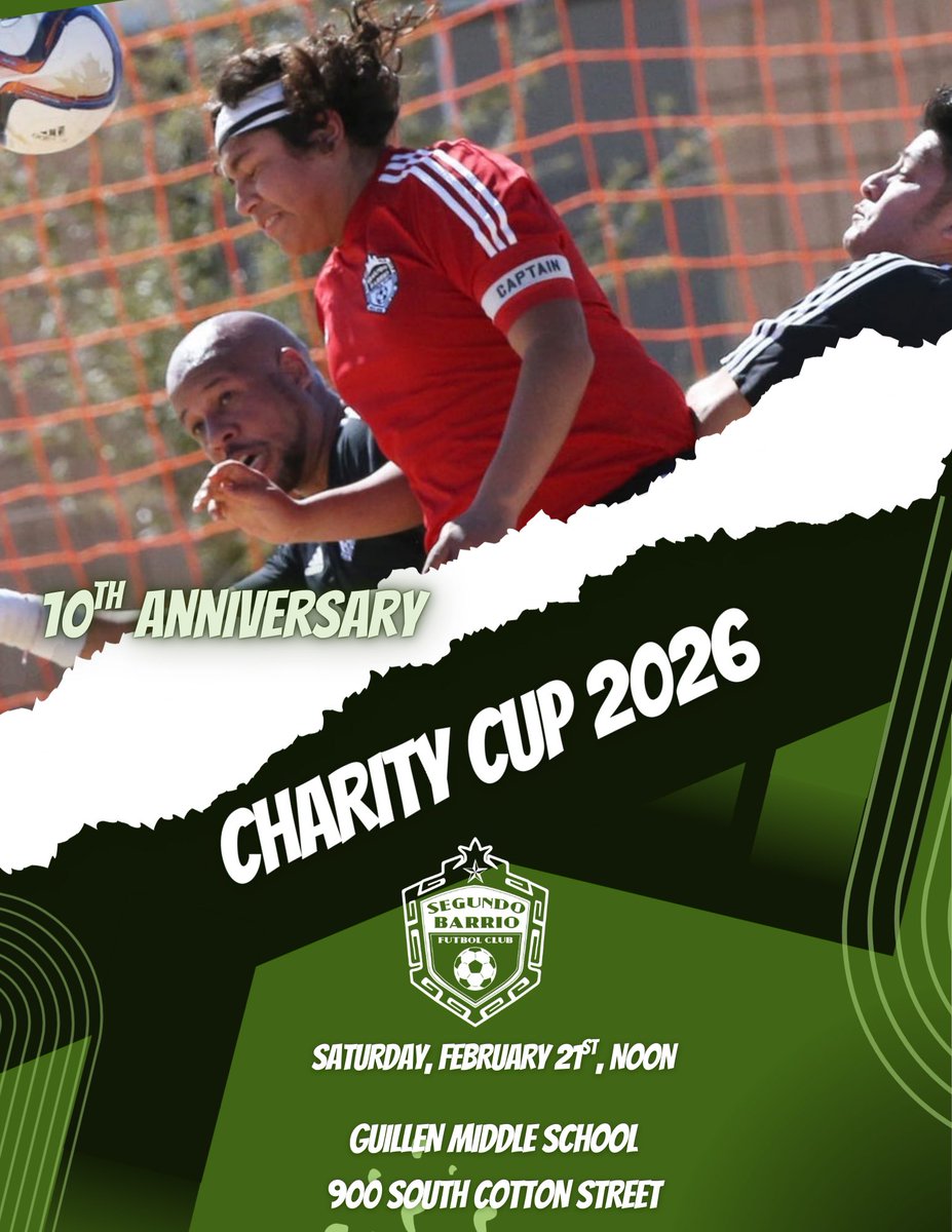 segundo_barrio's tweet photo. We hope you can join us this Saturday for the 10th edition of the annual SBFC Charity Cup. See our Under 14s take on this year’s celebrity team that includes Telemundo’s Manny Esparza and El Paso ISD Board President Leah Hanany. At 12pm Guillen Middle School. https://t.co/77on1rWTWZ