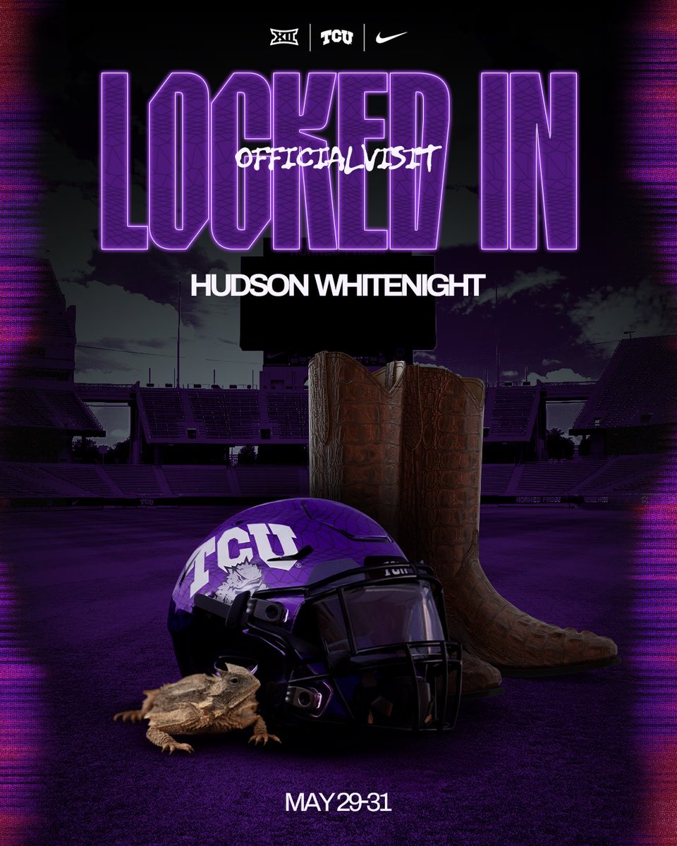 WhitenightHud1's tweet image. Locked in 🔐 for my official visit @TCUFootball! #BleedPurple @CoachSonnyDykes @CoachSammis @CoachRickerOL @BGChrisOwens 

@DripFB @samspiegs @JClarkHFB247 @GPowersScout @TomLoy247 @GregSmithRivals @GregBiggins @JohnGarcia_Jr