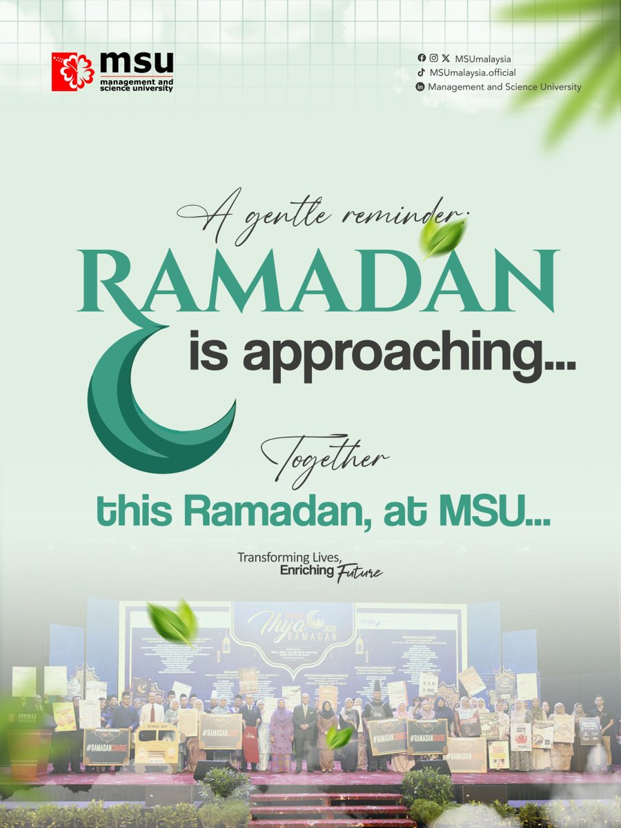 MSUmalaysia's tweet photo. Together this Ramadan, at #MSUmalaysia. A month to care for the heart, share the blessings, recharge spiritually, embrace the Ramadan vibe, and reconnect with faith, family, and community.
May this blessed month bring peace, kindness, and meaningful moments to us all. 🌙

#MSUIhyaRamadan
#RamadanCare #RamadanShare 
#RamadanRecharge #RamadanVibe 
#RamadanConnect