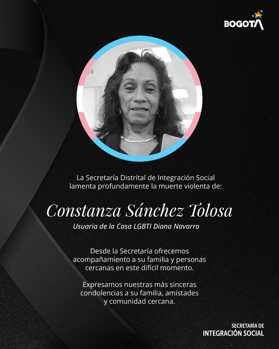integracionbta's tweet photo. Desde @integracionbta lamentamos profundamente el fallecimiento de Constanza Sánchez Tolosa, usuaria de la Casa LGBTI Diana Navarro.

Ofrecemos acompañamiento a su familia, amistades y comunidad cercana, y nos unimos en solidaridad en este momento de dolor. ✨🏳️‍⚧️ https://t.co/Kr8aR8JFX7