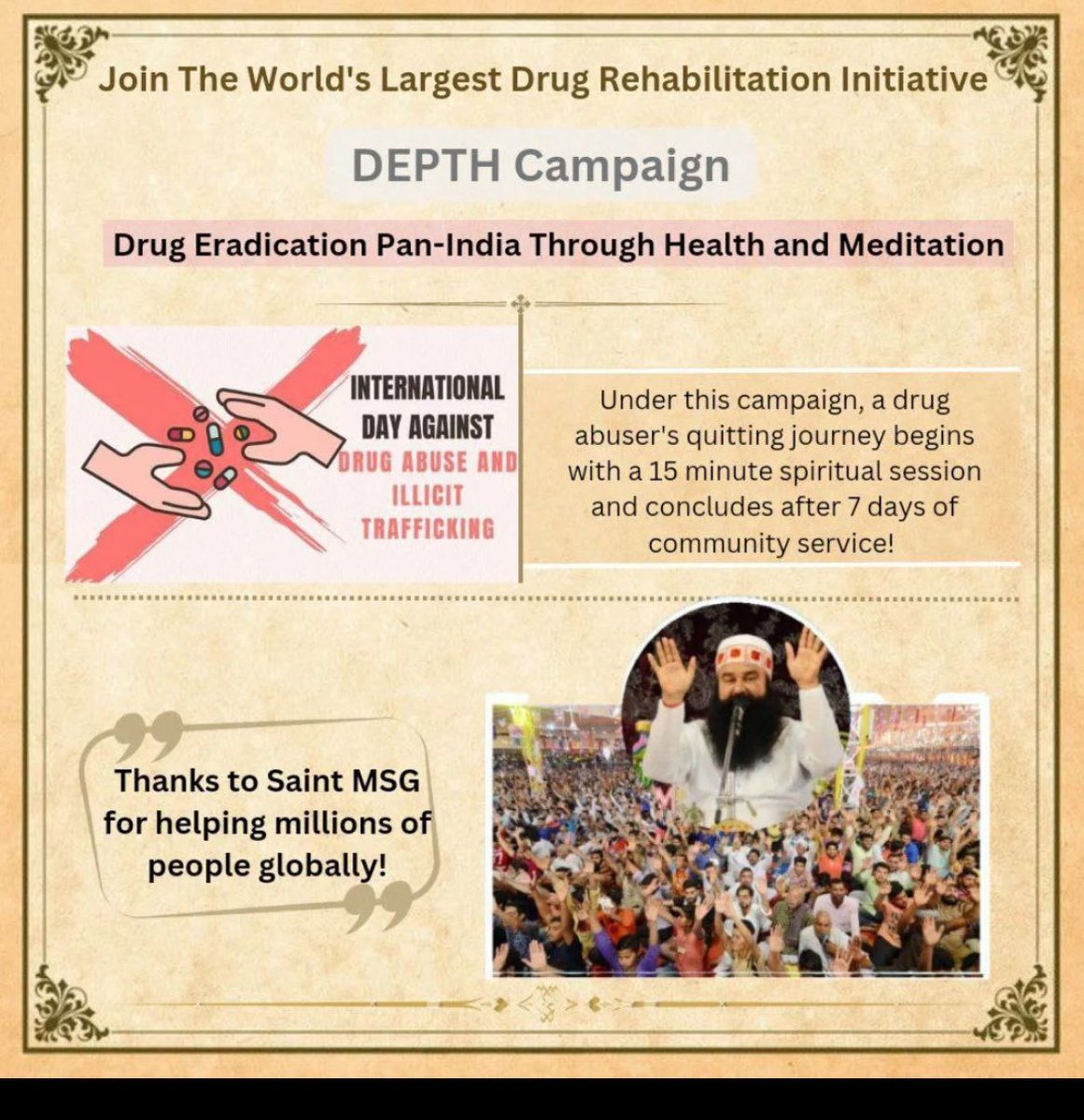 ChopraNimmi777's tweet photo. The SAFE campaign aims to help addicts #RecoveryFromDrugs and
rebuild their health after quitting substances, addressing nutritional deficiencies and helping them lead a healthy, productive life.

Saint Gurmeet Ram Rahim https://t.co/lriEqSZdUV
