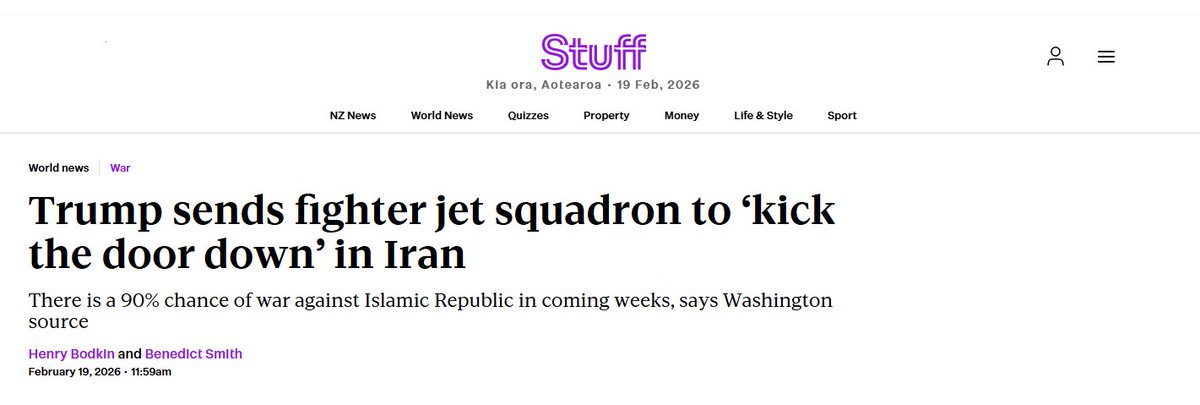 Gairns75's tweet photo. Is this alarmist-type headline typical for @NZStuff. This reads like @POTUS is being quoted, he's not. The military buildup is real and ongoing, tensions are high, and war risk is being discussed seriously, but no jets have "kicked the door down" yet, and the percentages come from 'anonymous' 'Washington' sourcing. YAWN