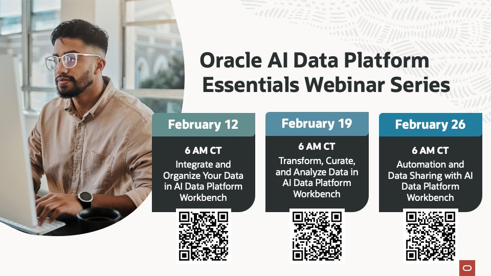 Join us for the Oracle AI Data Platform Essentials Webinar Series and discover how to integrate, analyze, and automate with the AI Data Platform Workbench. Register here: social.ora.cl/6018heg1E