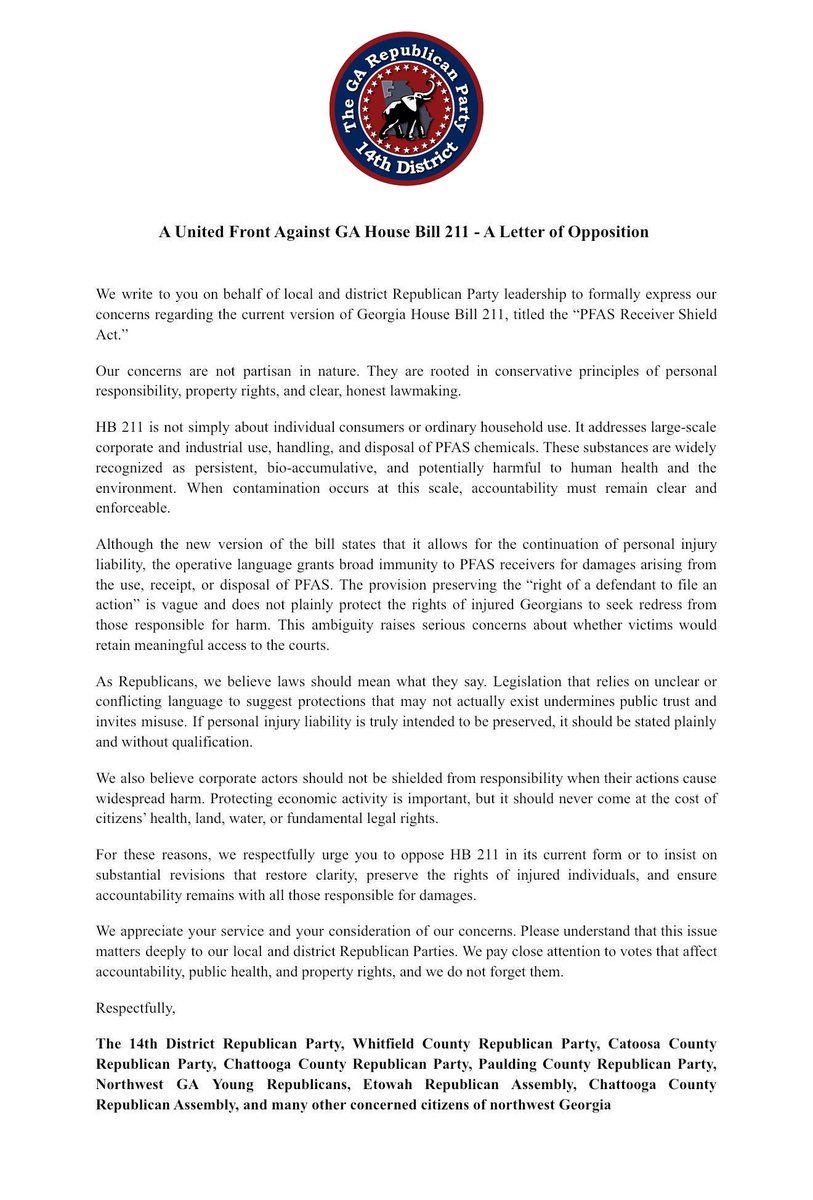 14thgagop's tweet photo. The 14th Congressional District GOP Committee overwhelmingly passed an Open Letter to our state legislators urging them to oppose HB 211 - the PFAS Chemical Immunity from Liability Bill: https://t.co/KcBRmvsk1H