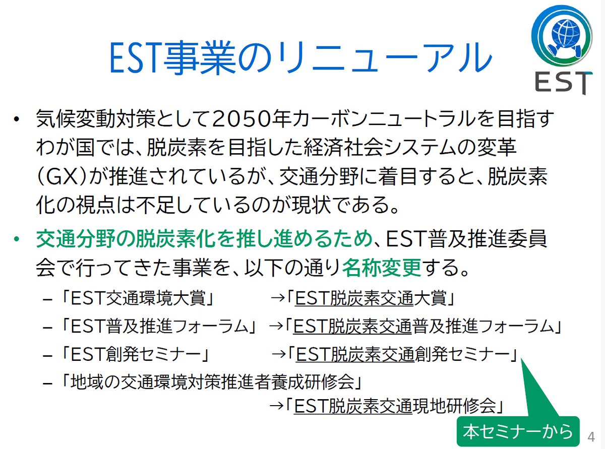 officeEST's tweet photo. 2月16日に開催した第50回EST脱炭素交通創発セミナー「交通分野の脱炭素化のこれまでとこれから」では、これまで第15回まで続けてきた「EST交通環境大賞」を振り返るとともに、2026年度から「EST脱炭素交通大賞」へリニューアルすることを発表しました。

↓詳細はこちら
https://t.co/cMGW0NxpJE
#EST https://t.co/lIJOzaxHzn