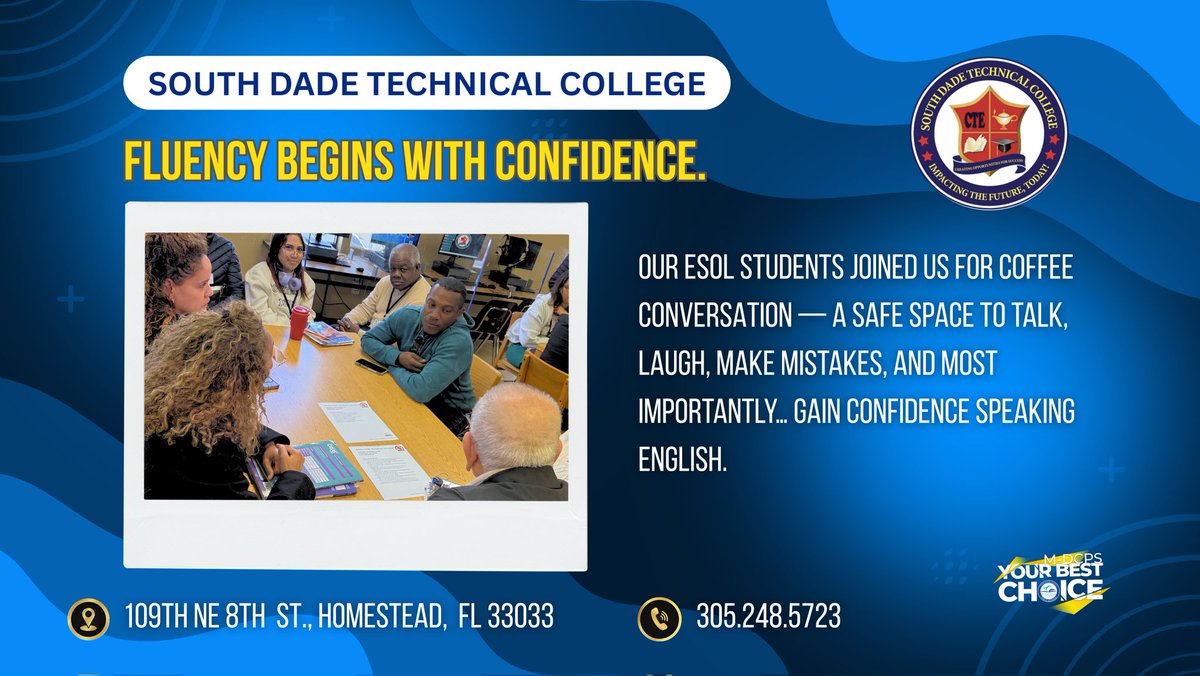 dade_south's tweet photo. Every conversation builds confidence. ☕🗣️
Our ESOL students practiced real English in a supportive space — because fluency begins with confidence. #YourBestChoiceMDCPS #SouthDadeTech #AdultEducation #ESOL @SuptDotres @susymauri https://t.co/XIyOUh0ZTw