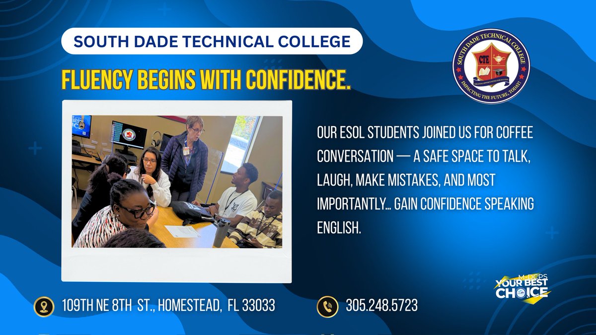 dade_south's tweet photo. Every conversation builds confidence. ☕🗣️
Our ESOL students practiced real English in a supportive space — because fluency begins with confidence. #YourBestChoiceMDCPS #SouthDadeTech #AdultEducation #ESOL @SuptDotres @susymauri https://t.co/XIyOUh0ZTw