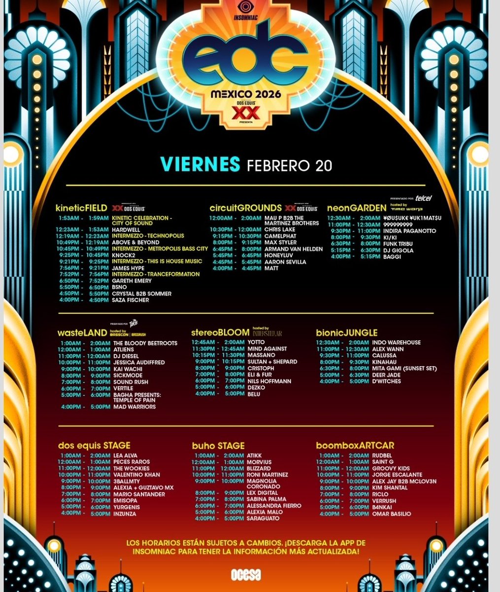 RaveNationMedia's tweet photo. Horarios viernes de EDC MÉXICO!! https://t.co/oVmGVV01ue