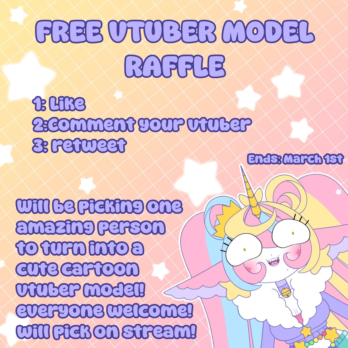 SquishableMoon's tweet photo. FREE VTUBER MODEL RAFFLE! 🤭

Rules:
1: Like!
2: Comment your VTuber design!
3: retweet!

One lucky person will be picked on stream to be made into a cartoon model! Everyone welcome, all genders, races, themes, new vtubers, old vtubers, big or small are welcome. https://t.co/mXxRR3xjZt