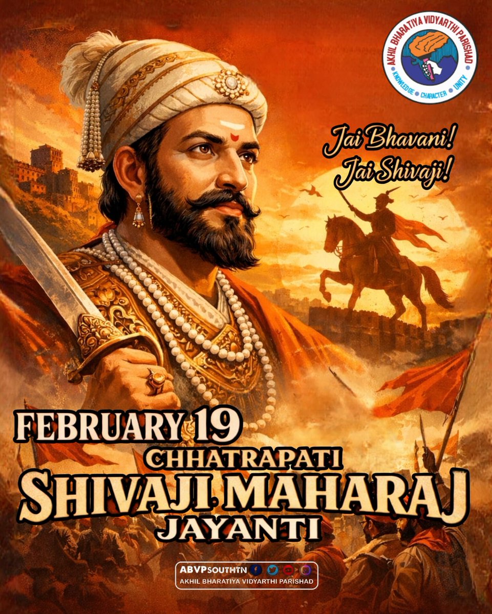 ABVPSouthTN's tweet photo. Vision, discipline, and fearless action define true leadership.

On the Jayanti of Chhatrapati Shivaji Maharaj, we honor a legendary king whose courage and strategic brilliance continue to inspire generations. 🚩

#ShivajiMaharajJayanti  #ABVP https://t.co/XysbcBQb3z