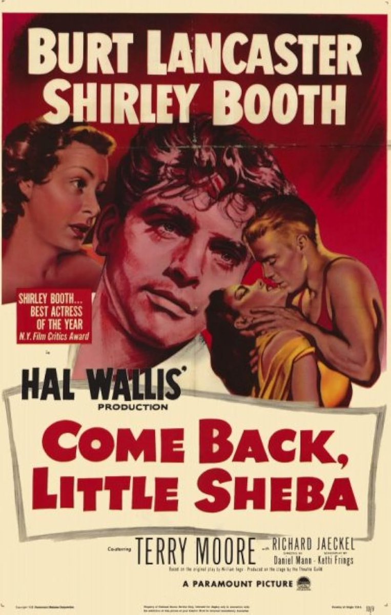 TCMComingUp's tweet photo. #ComingUpOnTCM
COME BACK, LITTLE SHEBA (1952) Burt Lancaster, Shirley Booth, Terry Moore
Dir.: Daniel Mann 6:45 PM PT
A couple's marital problems come to the surface when the husband is attracted to their pretty boarder.
1h 39m | Drama | TV-G
#TCM #TCMParty #WilliamInge https://t.co/c3MSSngvDF