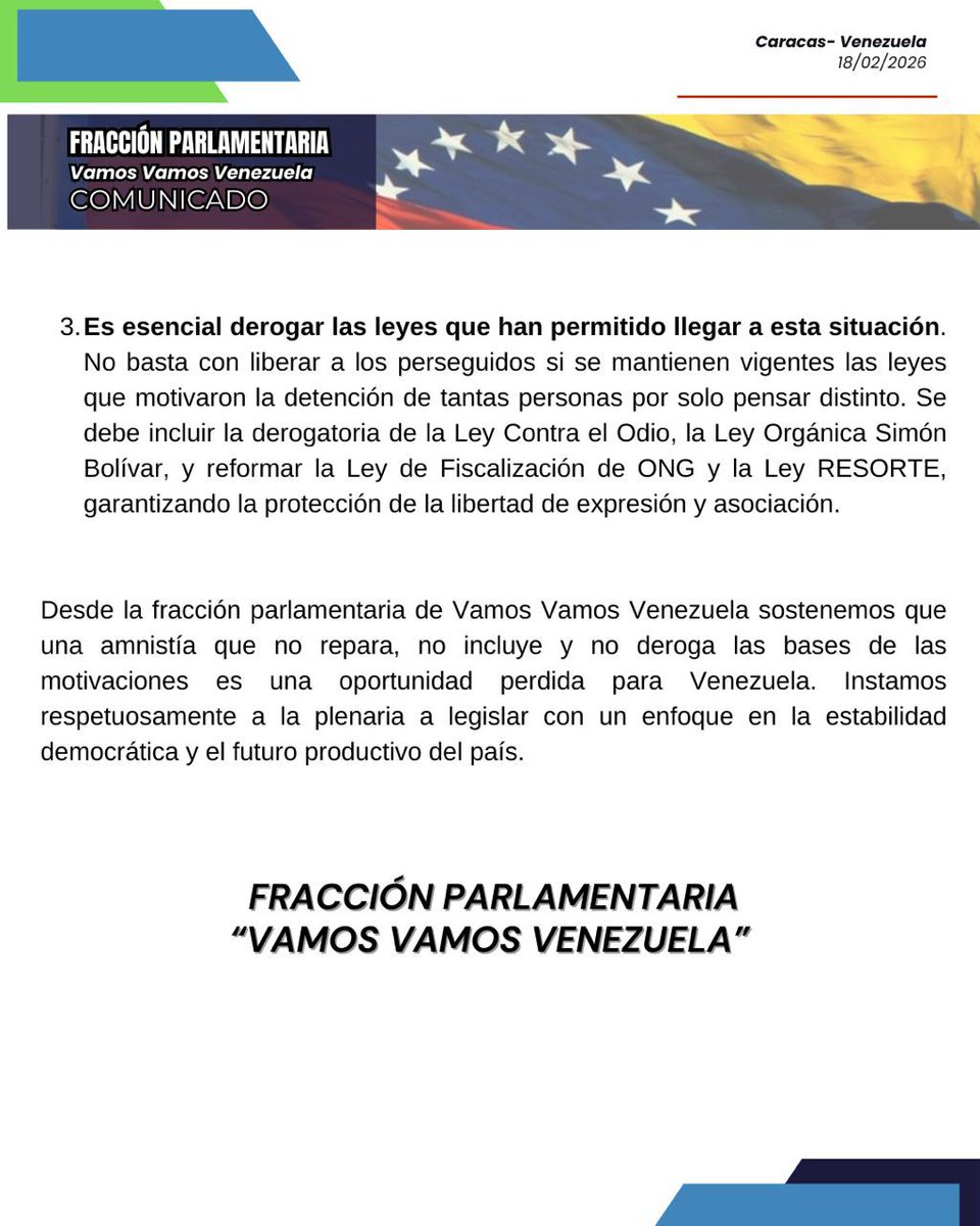Fracción Parlamentaria "Vamos Vamos Venezuela" exigen derogar la Ley contra el Odio y Ley Simon Bolívar, así mismo exhortan a reformar la Ley de Fiscalización de las ONG y la Ley Resorte para garantizar la libertad de asociación y expresión.