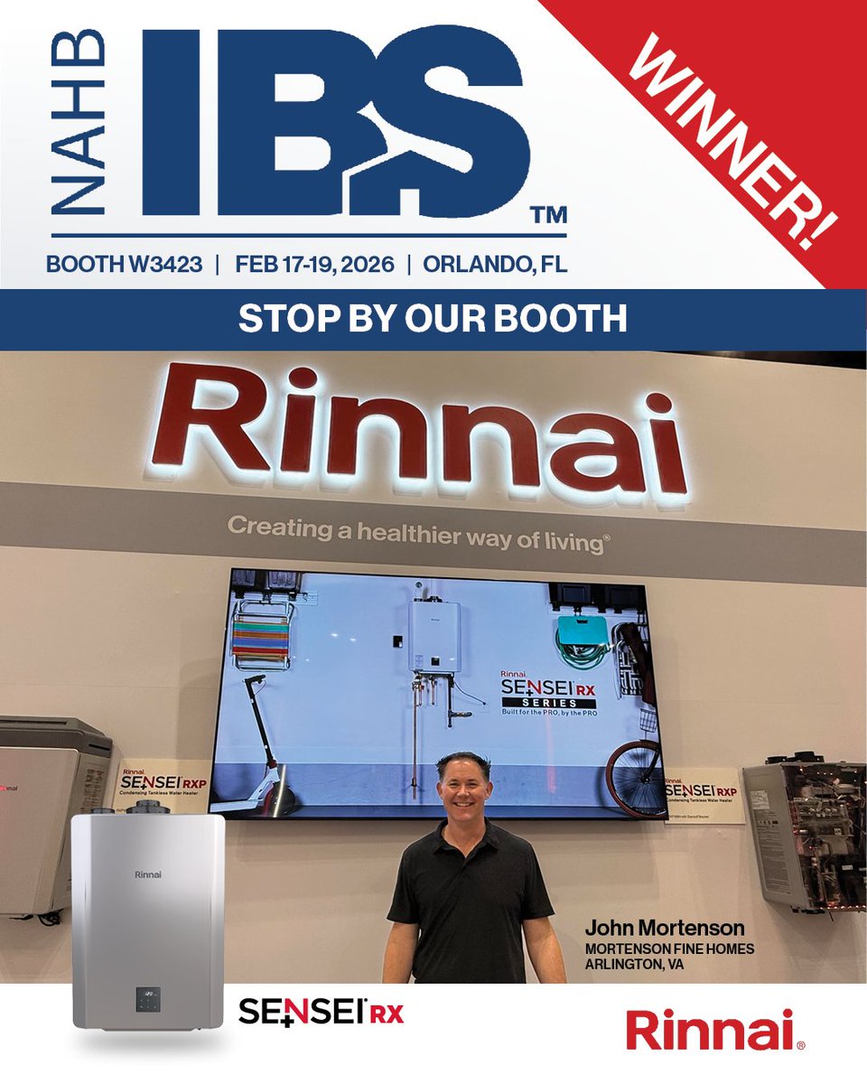 Rinnai's tweet photo. Congratulations to John Mortenson from Mortenson Fine Homes in Arlington, VA! For stopping by our booth (W3423) at IBS 2026 he won a Rinnai SENSEI® RX, including installation!

Tomorrow is the last chance to stop by and explore a few of the latest Rinnai product innovations. https://t.co/1VktBiiQw7