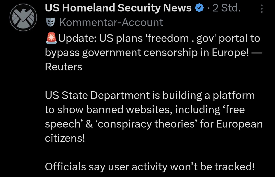 Zieht euch warm an, Merz, Ursula und Zensur-Fans! Die Amis bauen freedom. gov - eine Website, auf der wir Europäer alles von DSA und Co Verbotene sehen können, inklusive ‘Hassrede’ &amp; Verschwörungskram! Kein Tracking, VPN-Trick inklusive. 
Was sagt ihr? 🥳🍻