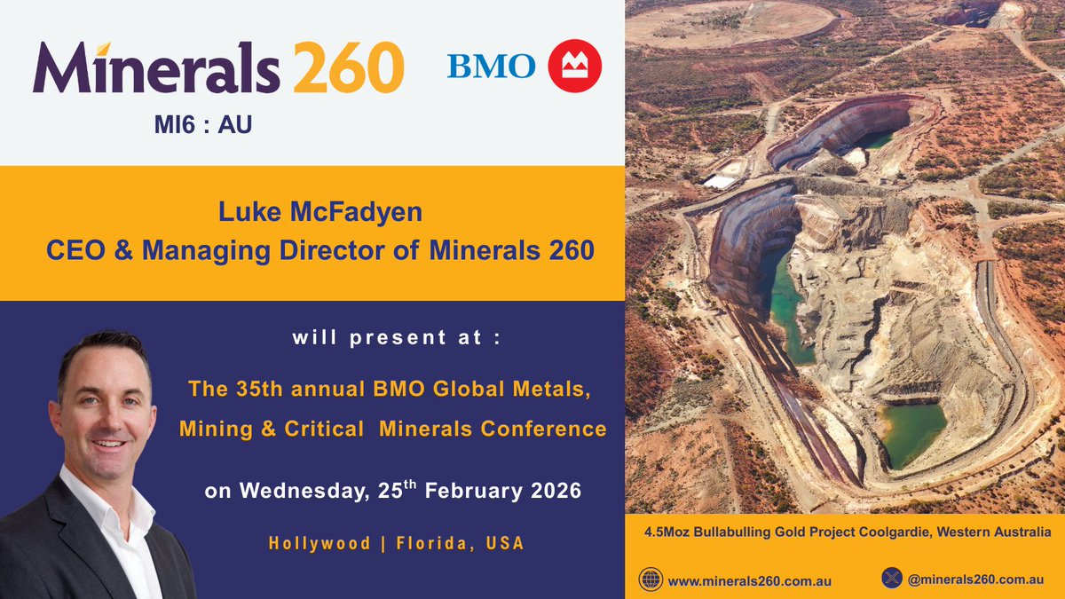 minerals260's tweet image. NEXT WEEK: @minerals260 CEO &amp;amp; MD, Luke McFadyen will present at The 35th annual BMO in Hollywood, Florida.  Luke will provide an update on the development and ongoing progress of the 4.5Moz Bullabulling Gold Project, located in Coolgardie, Western Australia. #MI6 #Gold #BMOMining