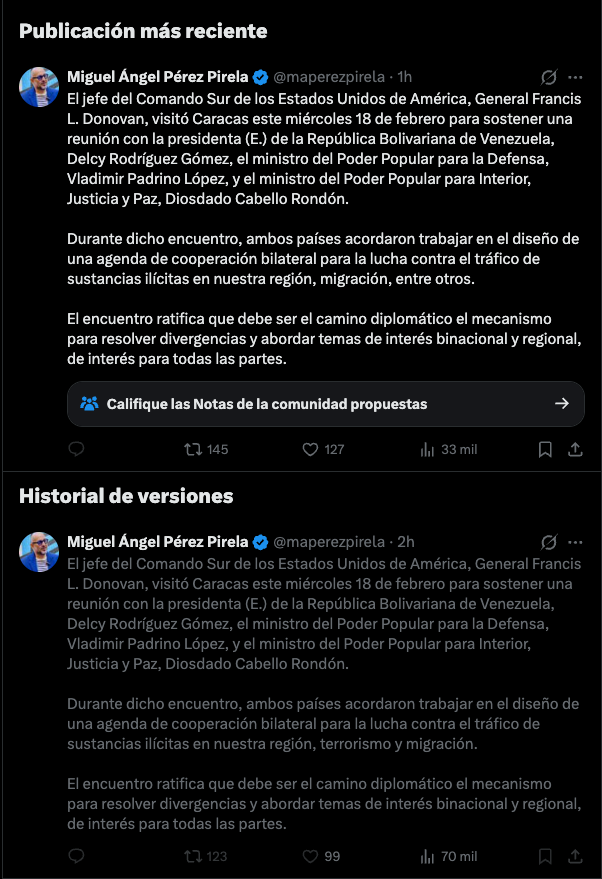 Así informó el ministro de Comunicación de Delcy Rodríguez la visita del jefe del Comando Sur EEUU. Y hubo una edición al post: por qué habrá quitado la palabra "terrorismo".