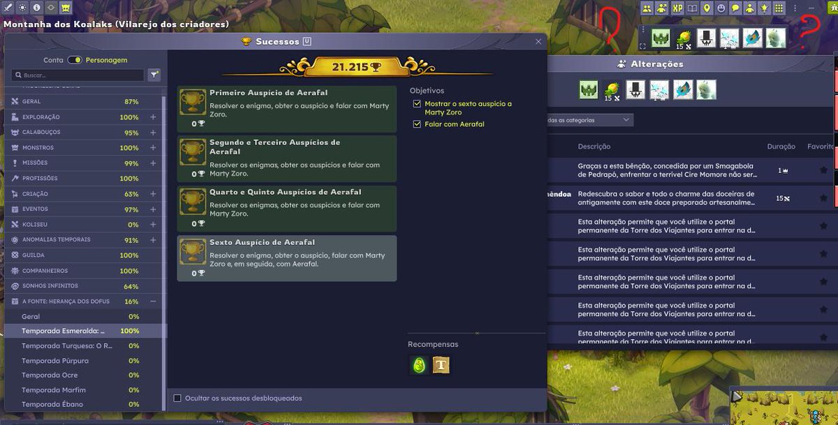 Flawell925's tweet photo. @DOFUS_PTBR. Terminei o sucesso do sexto auspício de Aerafal e não recebi a alteração " Verde Esmeralda". O título veio sem problemas, mas a alteração não. Já reloguei e vi relato de mais pessoas com o mesmo problema. Vocês tem previsão para corrigir isso? https://t.co/dvdBxmIaW0