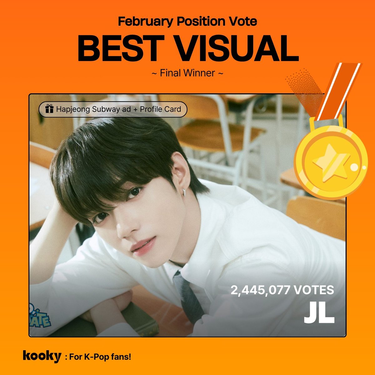 kooky__official's tweet image. [🏅Winner ]
✨ Monthly Position Ranking | #BestVisual_Feb 

★・・・・★・・・ #AHOF #JL #아홉 #제이엘 ・・・★・・・・★

🎁 #KookyAds Subway ads (2 Screens)
📅 March 7-21, 2025 (15 Days)
The subway ad will be displayed using the KookyProfile design. 

🎁  #KookyProfile 
🏅