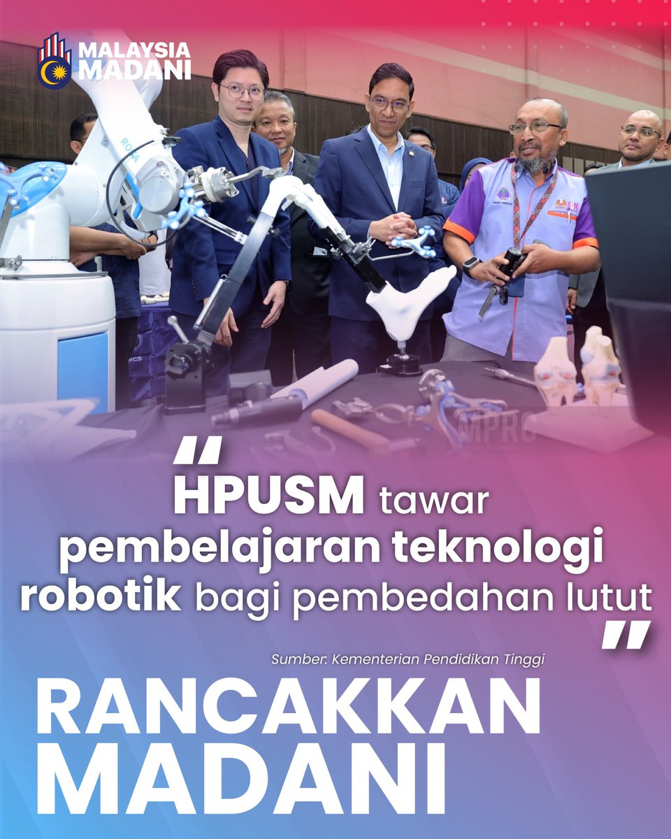 🦿🤖 HOSPITAL PAKAR UNIVERSITI SAINS MALAYSIA (HPUSM) TERAJUI PEMBEDAHAN ORTOPEDIK BERTEKNOLOGI TINGGI

Baca lanjut: facebook.com/share/p/18CAa7…

<a href="/ZambryOfficial/">Zambry Abd Kadir</a> <a href="/AdamAdli/">Adam Adli</a> 

#RancakkanMADANI
#MADANIbekerja
#MalaysiaMADANI